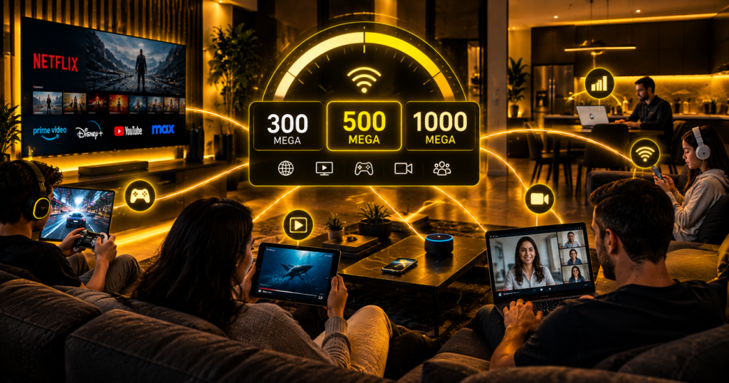 Casa conectada com opções de 300, 500 e 1000 Mega para diferentes usos da internet