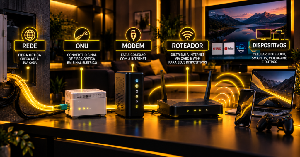 Comparação entre ONU, modem e roteador mostrando a conexão da fibra óptica aos dispositivos