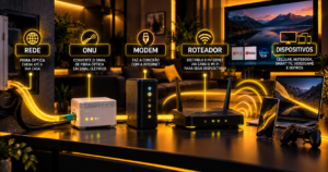 Comparação entre ONU, modem e roteador mostrando a conexão da fibra óptica aos dispositivos
