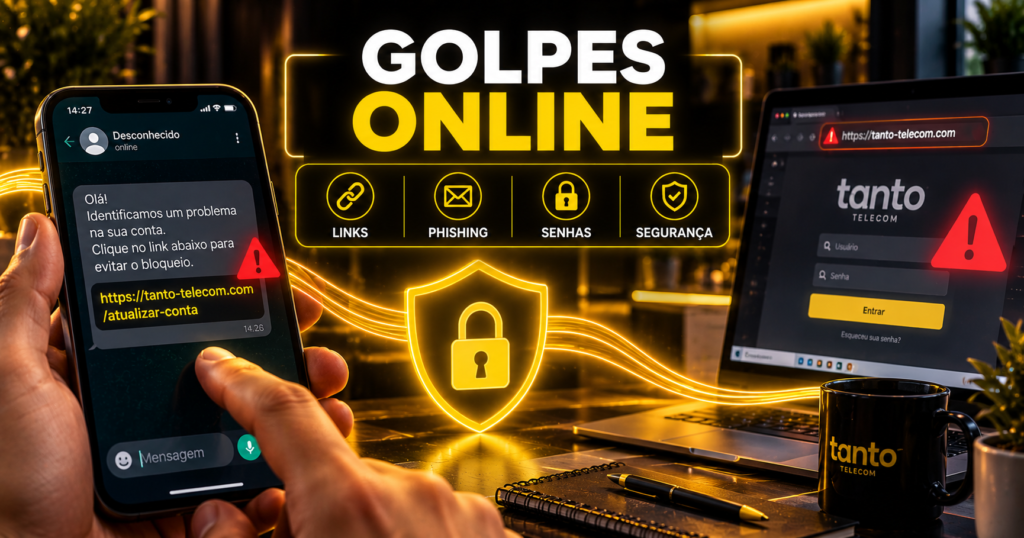 Celular com mensagem suspeita e notebook representando golpes online, phishing e links falsos