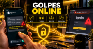 Celular com mensagem suspeita e notebook representando golpes online, phishing e links falsos